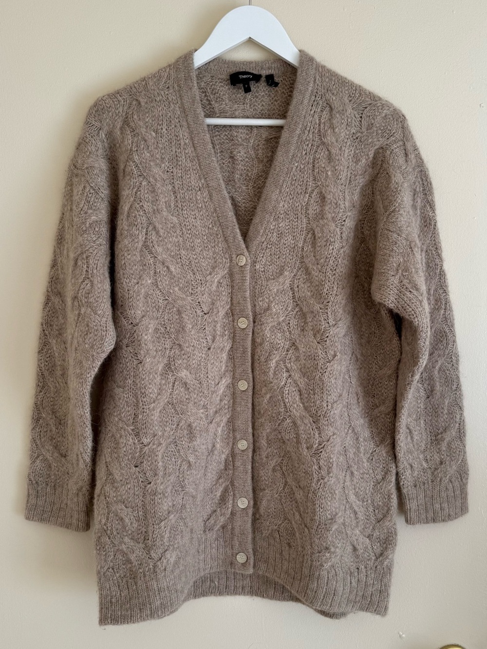 Theory Oversized Alpaca Blend Cable Knit Cardigan, Beige, Size P